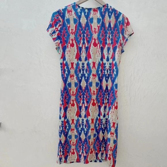 Jones New York Signature || Abstract Crossover Wrap Midi Dress Cap Sleeve Size L - Picture 2 of 9